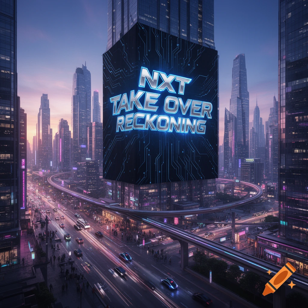 A futuristic city at dusk with neon lights and a large holographic ...