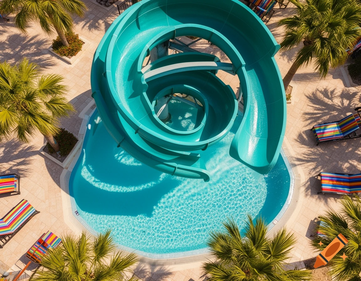 Aerial view of a turquoise spiraling water slide emptying into a bright blue pool, surrounded by palm trees and colorful striped lounge chairs on a tiled deck.
