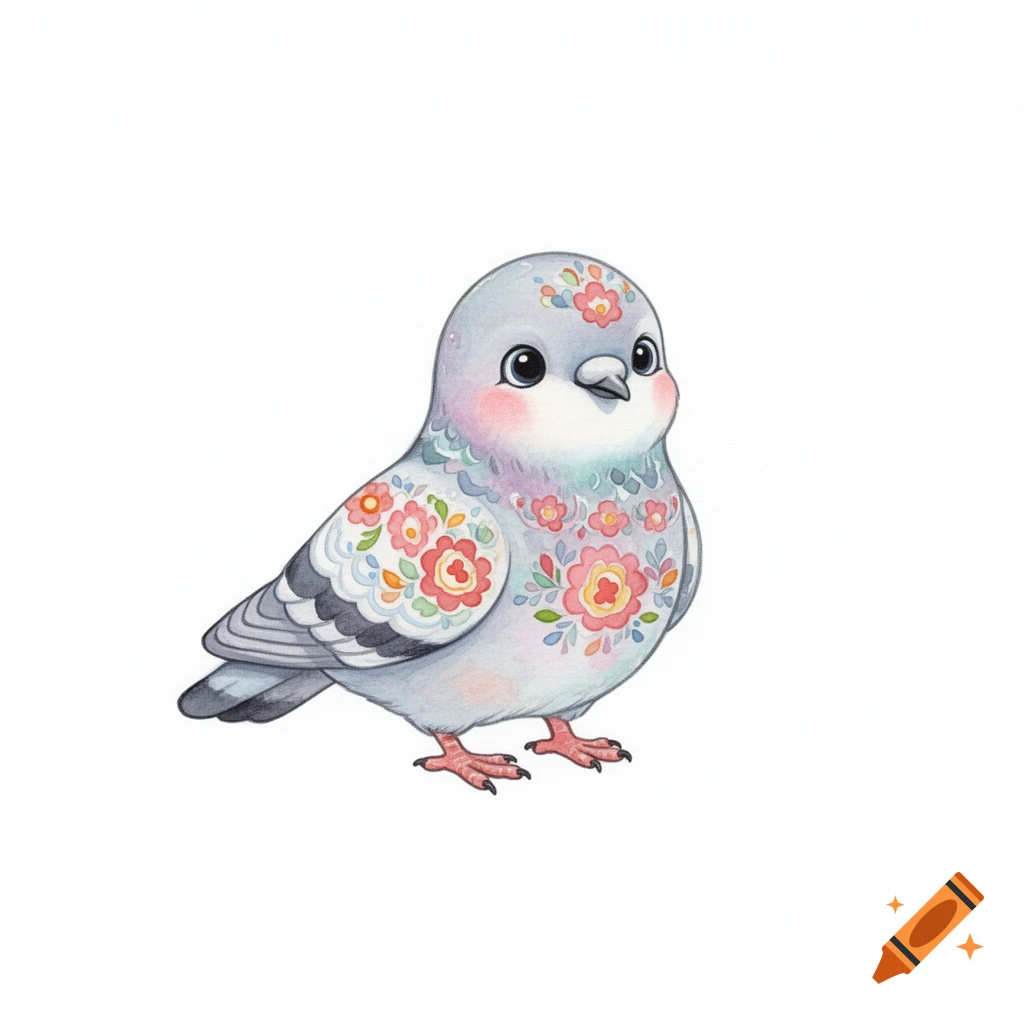 A cute watercolor pigeon with colorful folk art floral patterns stands against a white background.