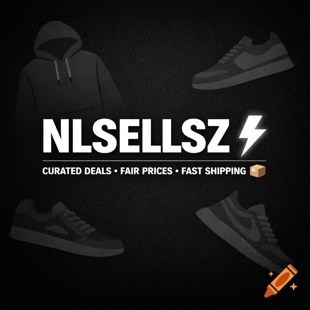 NLSELLSZ logo with a lightning bolt, surrounded by gray silhouettes of hoodies and sneakers, over a dark textured background.