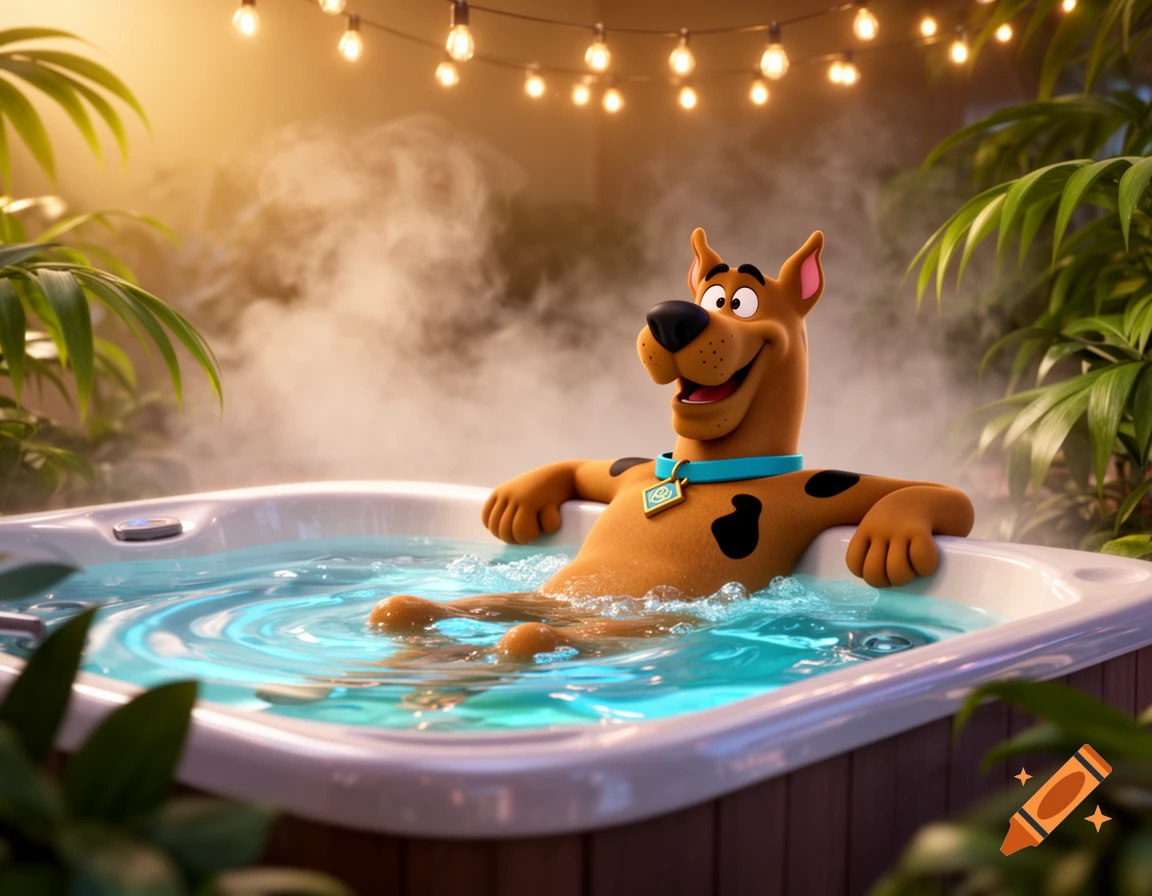 Scooby-Doo relaxes in a steaming hot tub surrounded by lush plants under string lights in a 3D animation style.