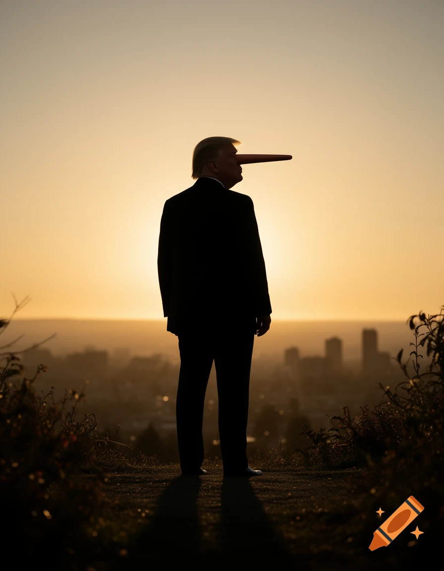 A silhouette of Donald Trump with a long Pinocchio nose stands against a vibrant sunset over a city skyline.