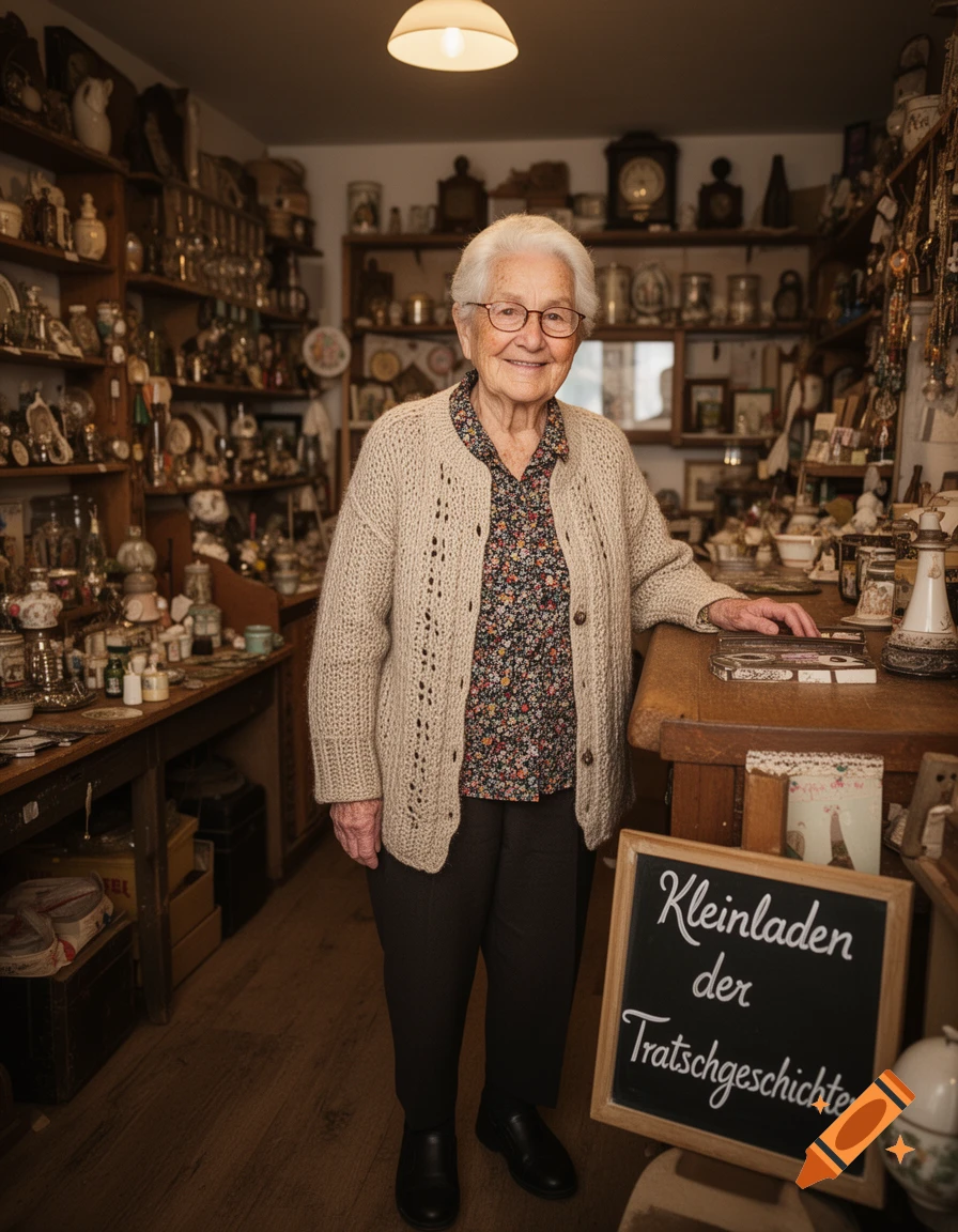 An elderly woman with glasses smiles, standing in a cluttered vintage shop with shelves of antique items and a chalkboard sign. Photorealistic style.