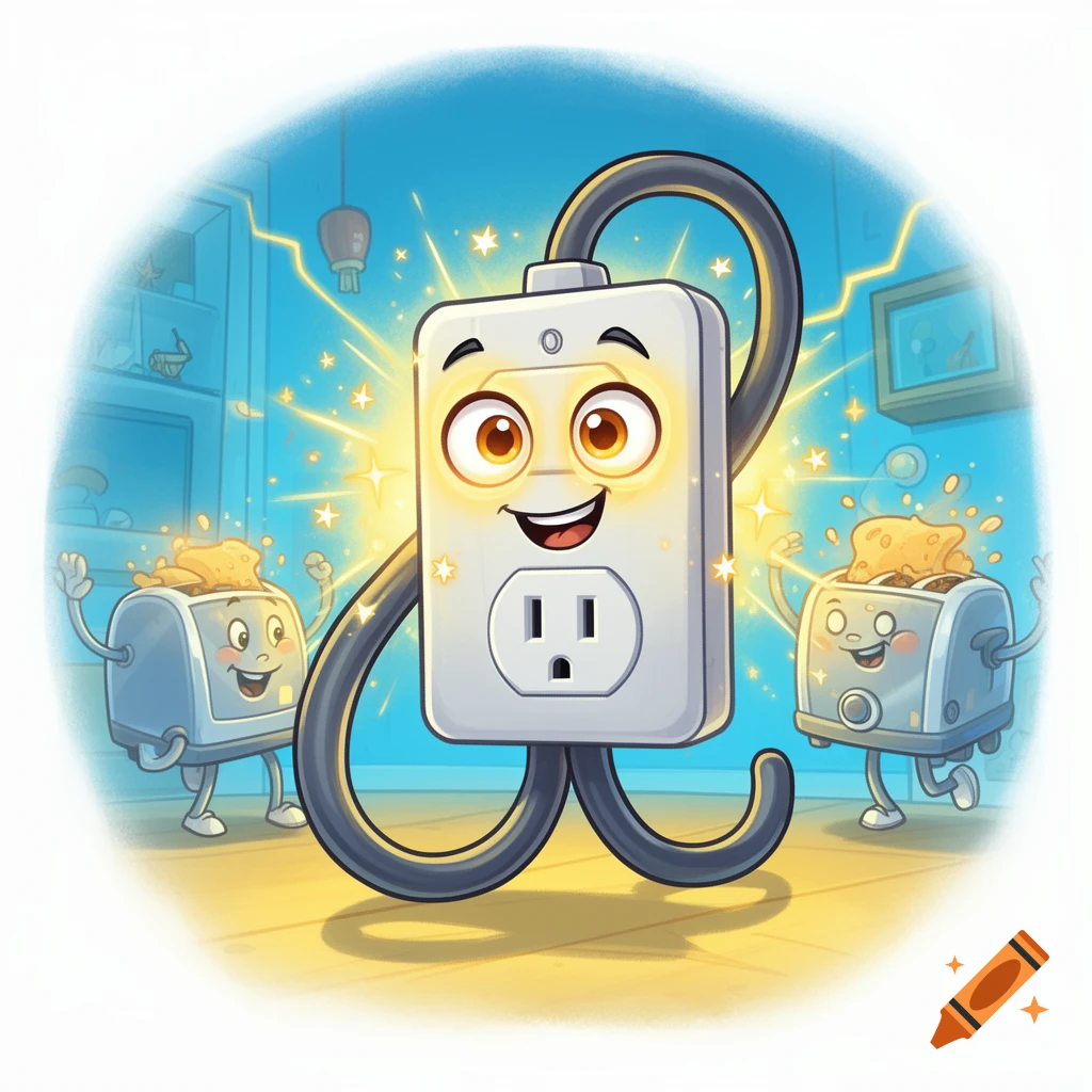 A happy, glowing cartoon power outlet with a plug cable as legs stands between two smiling toasters making toast in a cartoon kitchen.