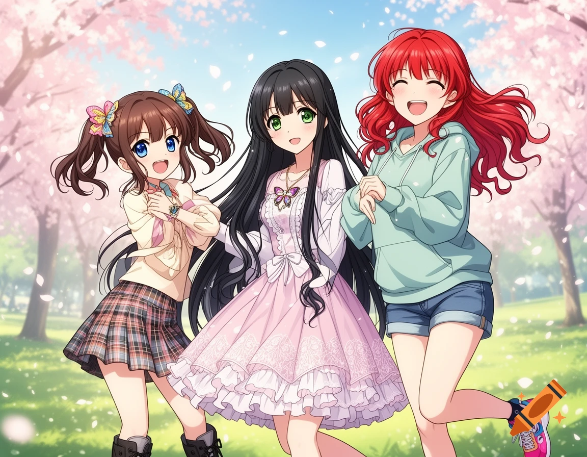 Three smiling anime girls with different hair colors stand in a park filled with cherry blossoms.