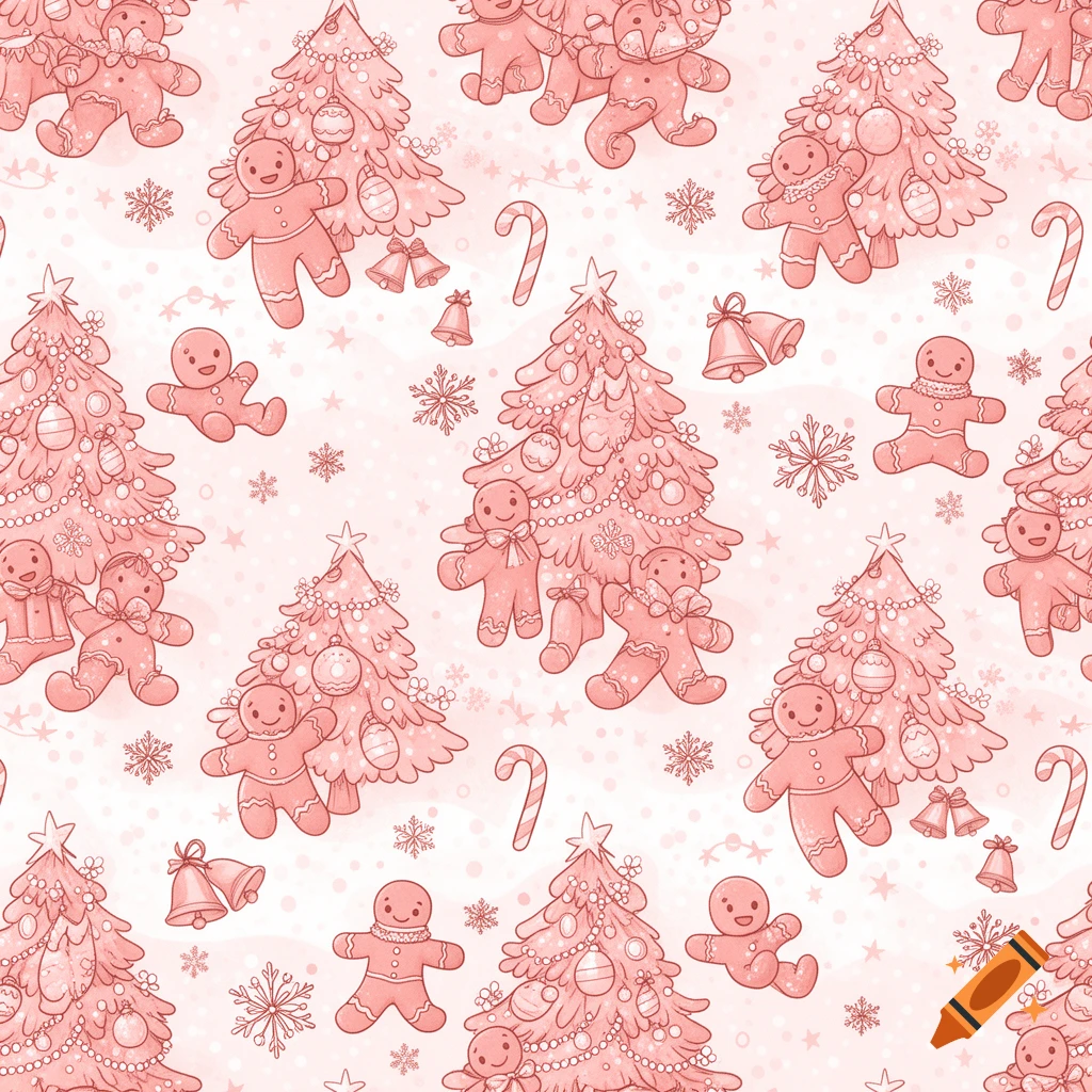 Cute pink and white doodle pattern featuring gingerbread men, decorated Christmas trees, candy canes, bells, and snowflakes.