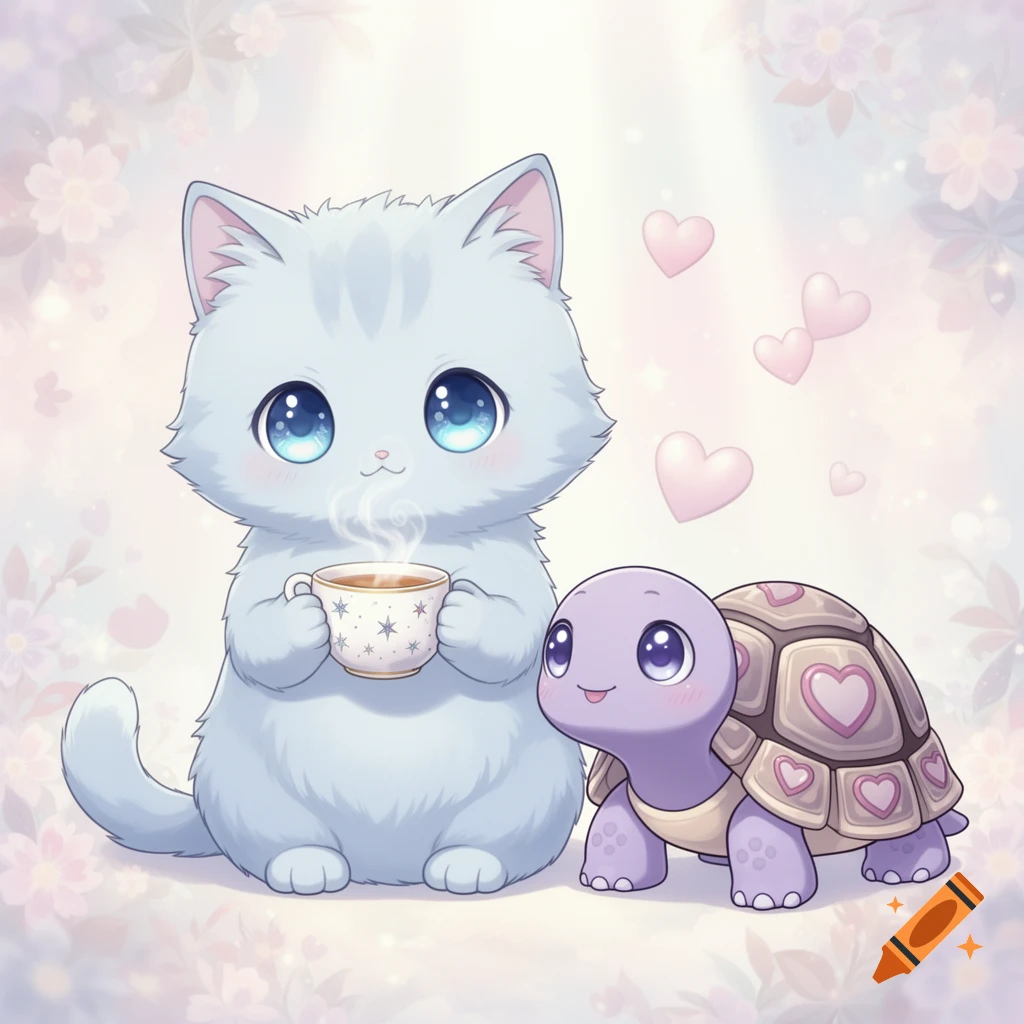 A cute pale blue cat holding a steaming teacup sits next to a smiling purple tortoise with heart-patterned shell, in a soft, kawaii style.