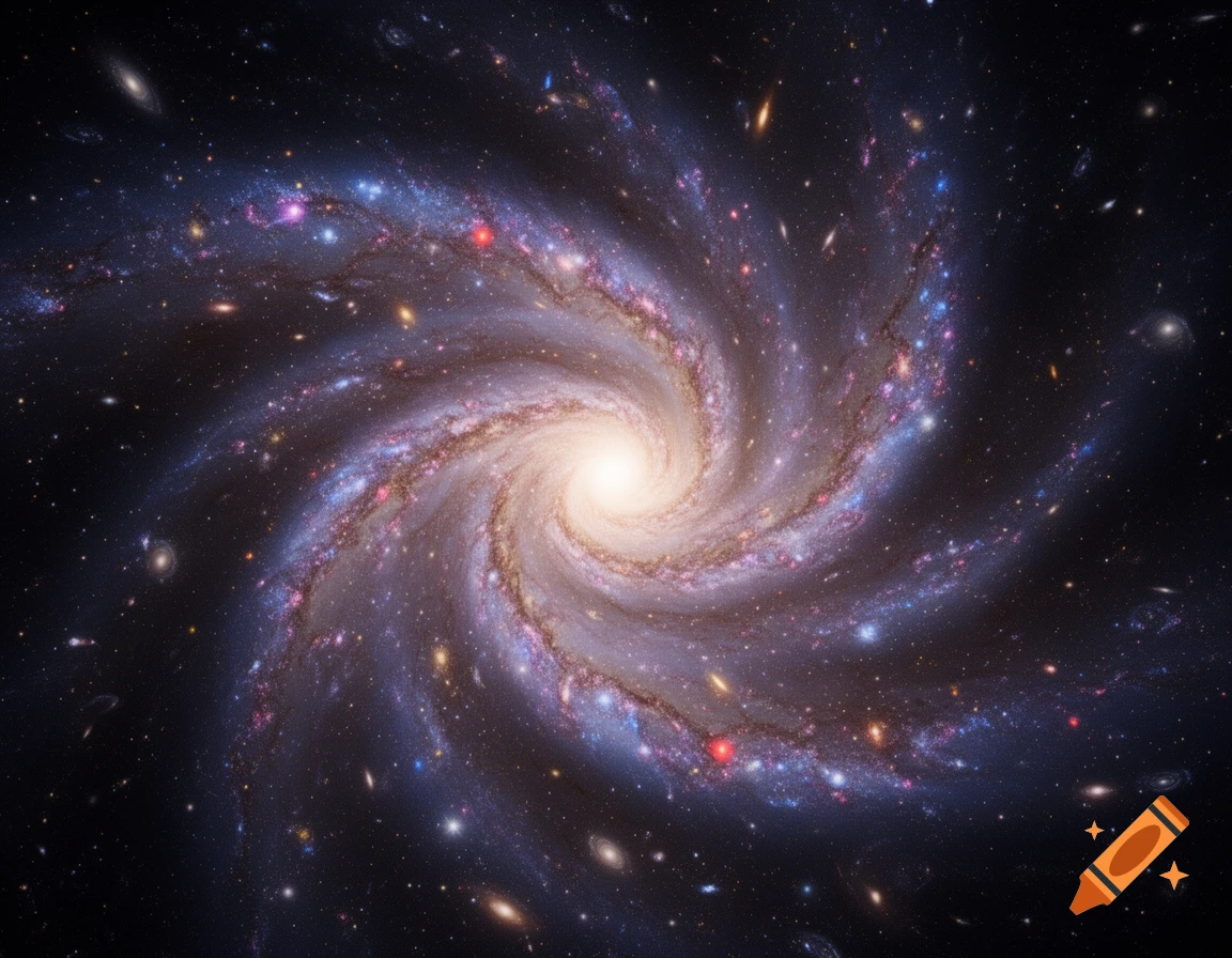 A vibrant spiral galaxy with a bright core, swirling arms of stars and gas clouds, set against the dark expanse of space.