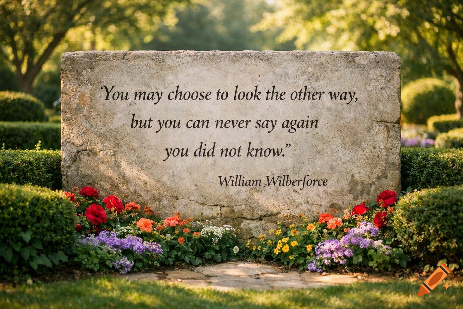 A stone monument inscribed with a quote, surrounded by colorful flowers and lush green bushes in a sunlit garden.