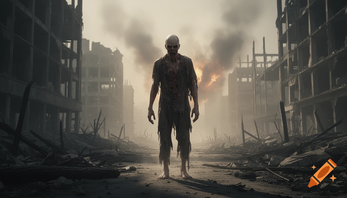 A photorealistic zombie with torn clothes stands in a ruined city under a smoky sky, with destroyed buildings and debris around.