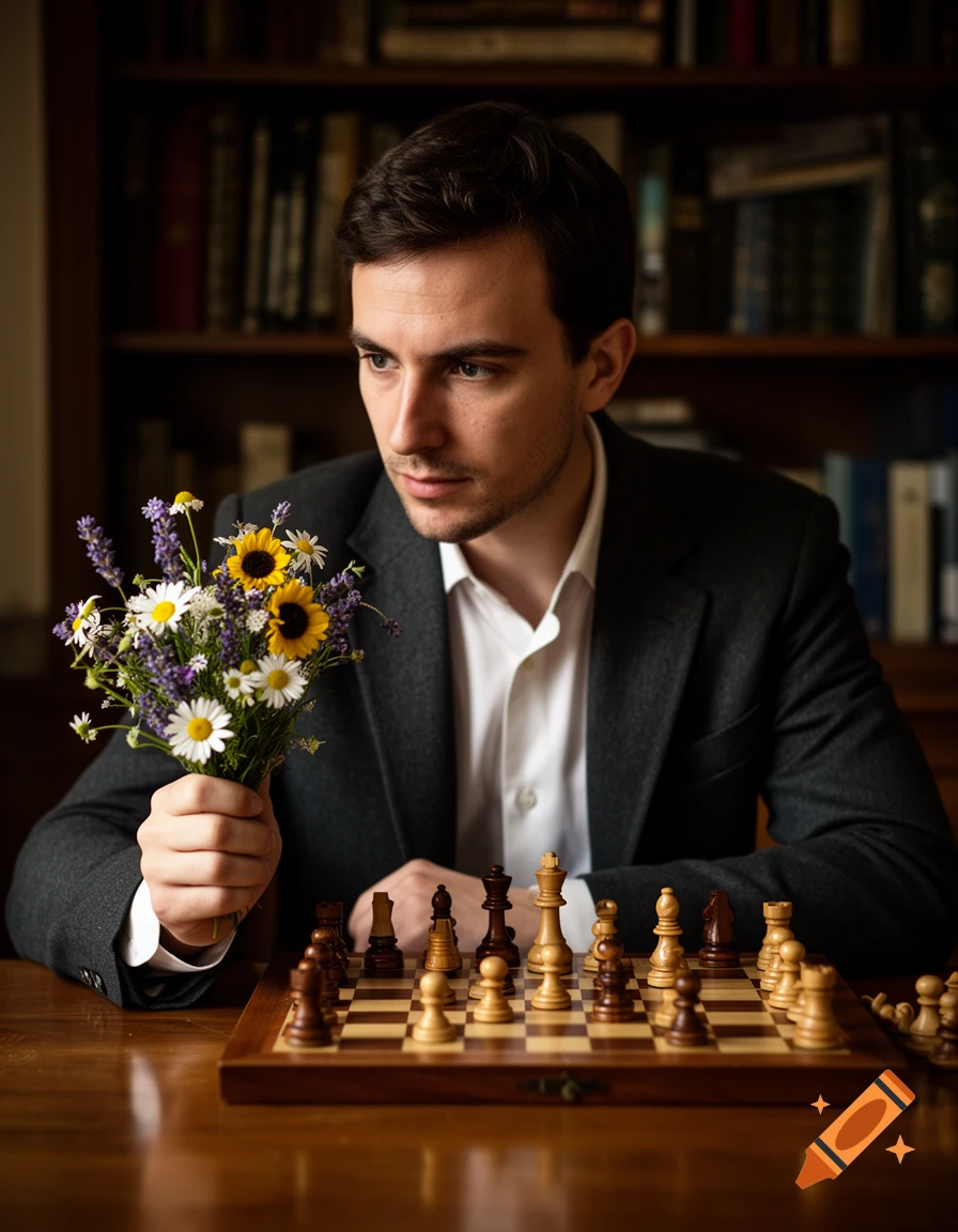 A man in a suit sits at a wooden table with a chessboard, holding a bouquet of wildflowers. Bookshelves are in the background.