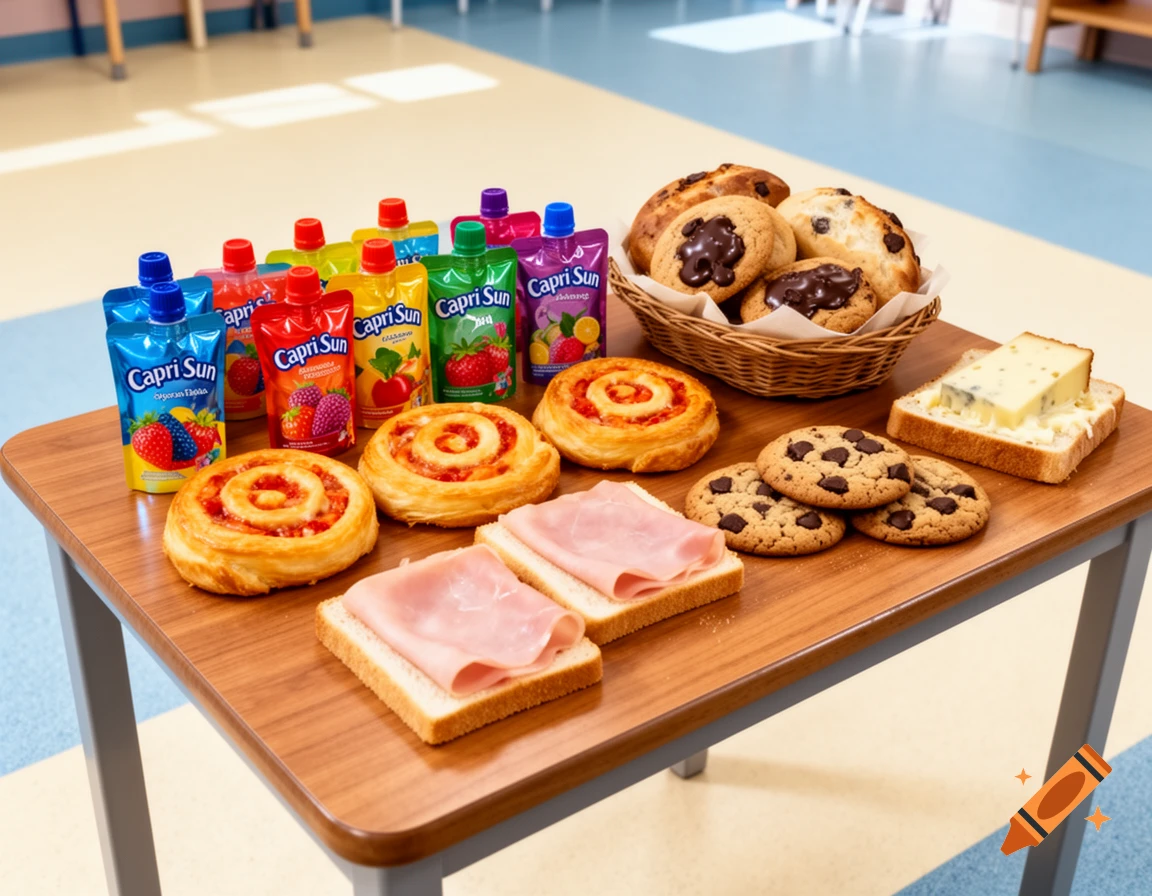 A wooden table laden with various school break items including Capri Sun pouches, pizza snails, ham sandwiches, cookies, and bread with cheese.