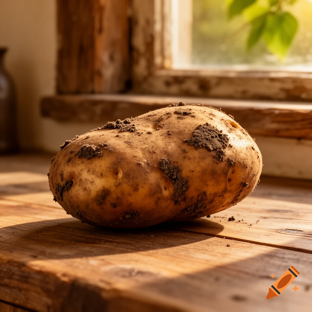 A single dirty potato sits on a rustic wooden table bathed in sunlight from a window, showcasing its earthy texture.
