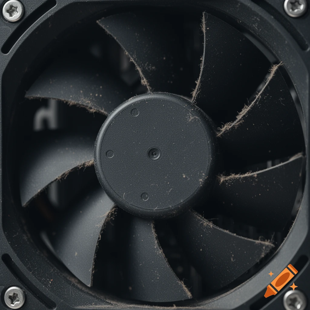Close-up, top-down view of a dusty black computer fan, showing the blades and central hub, with screws visible in the corners.
