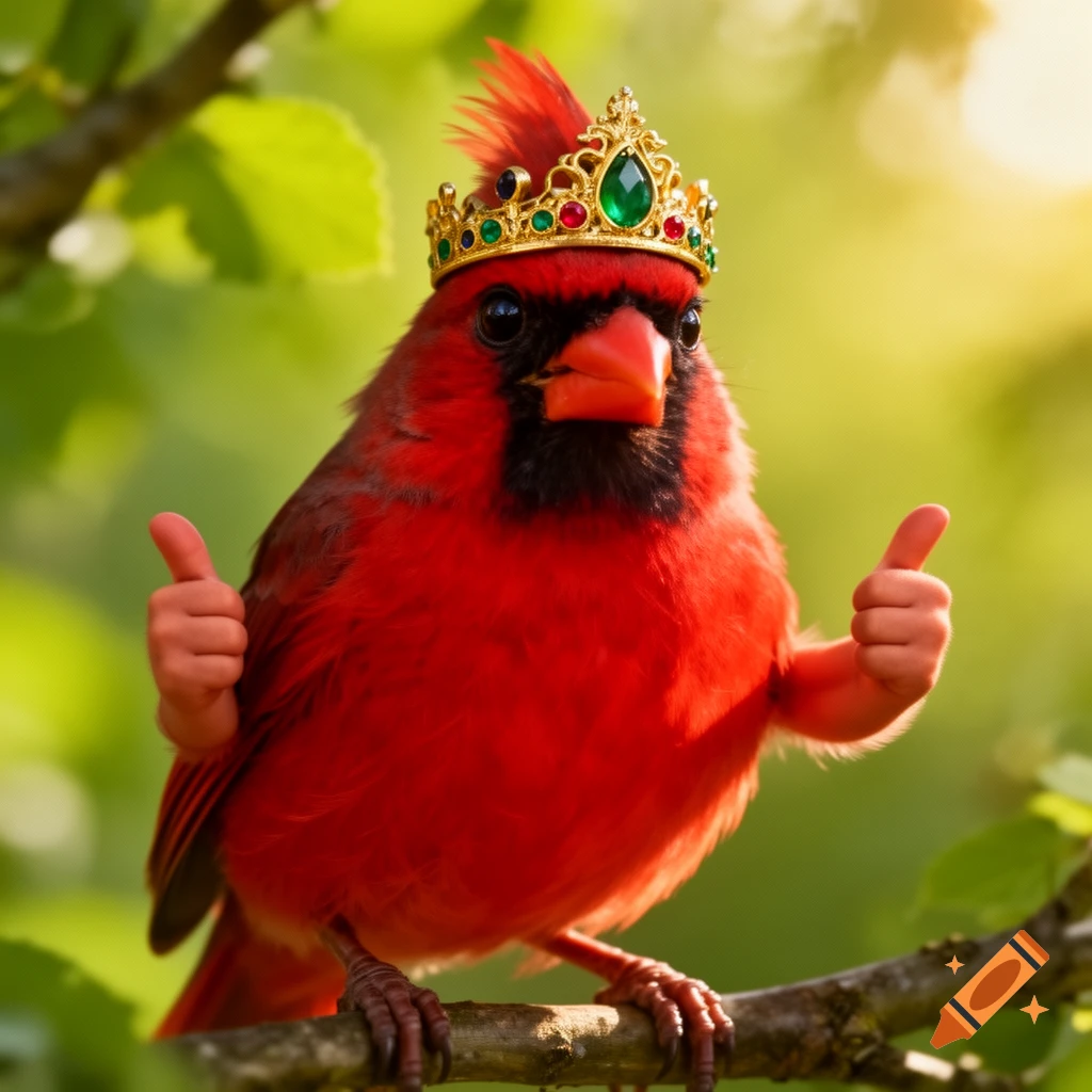 A vibrant red cardinal bird wearing a gold crown with jewels, perched on a branch, gives two thumbs up.