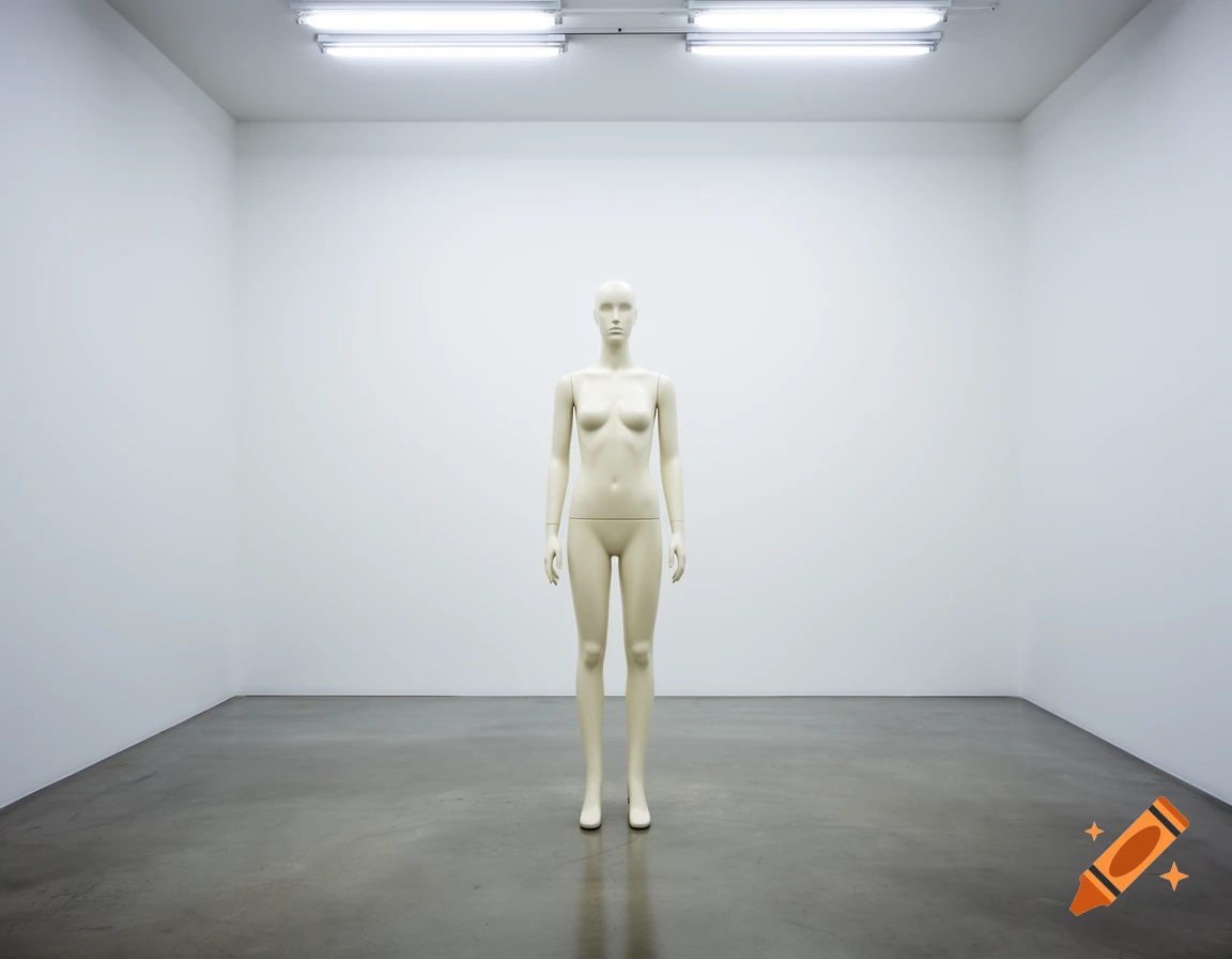A pale, nude mannequin stands centered in a brightly lit, empty white room with a concrete floor.