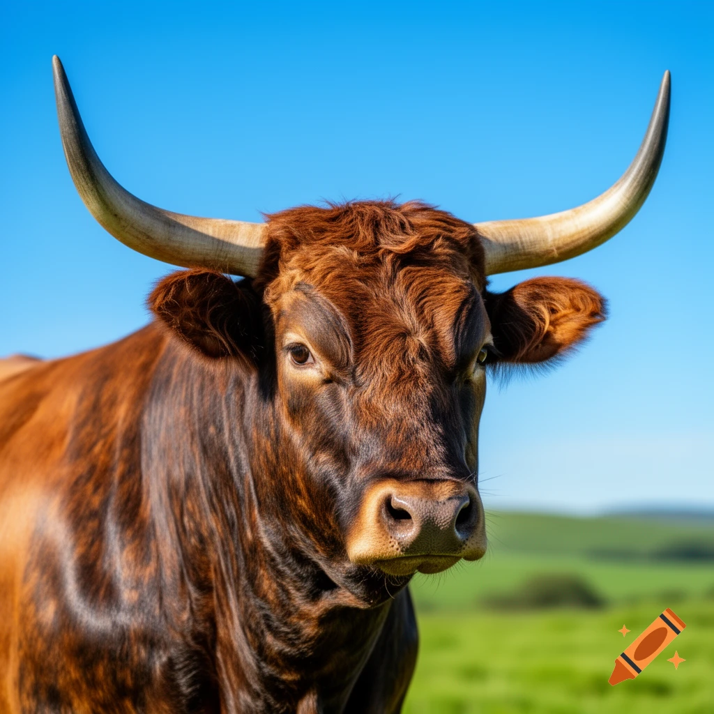 A close-up, photorealistic portrait of a brown bull with large horns, looking directly at the viewer, against a clear blue sky and a blurred green field.