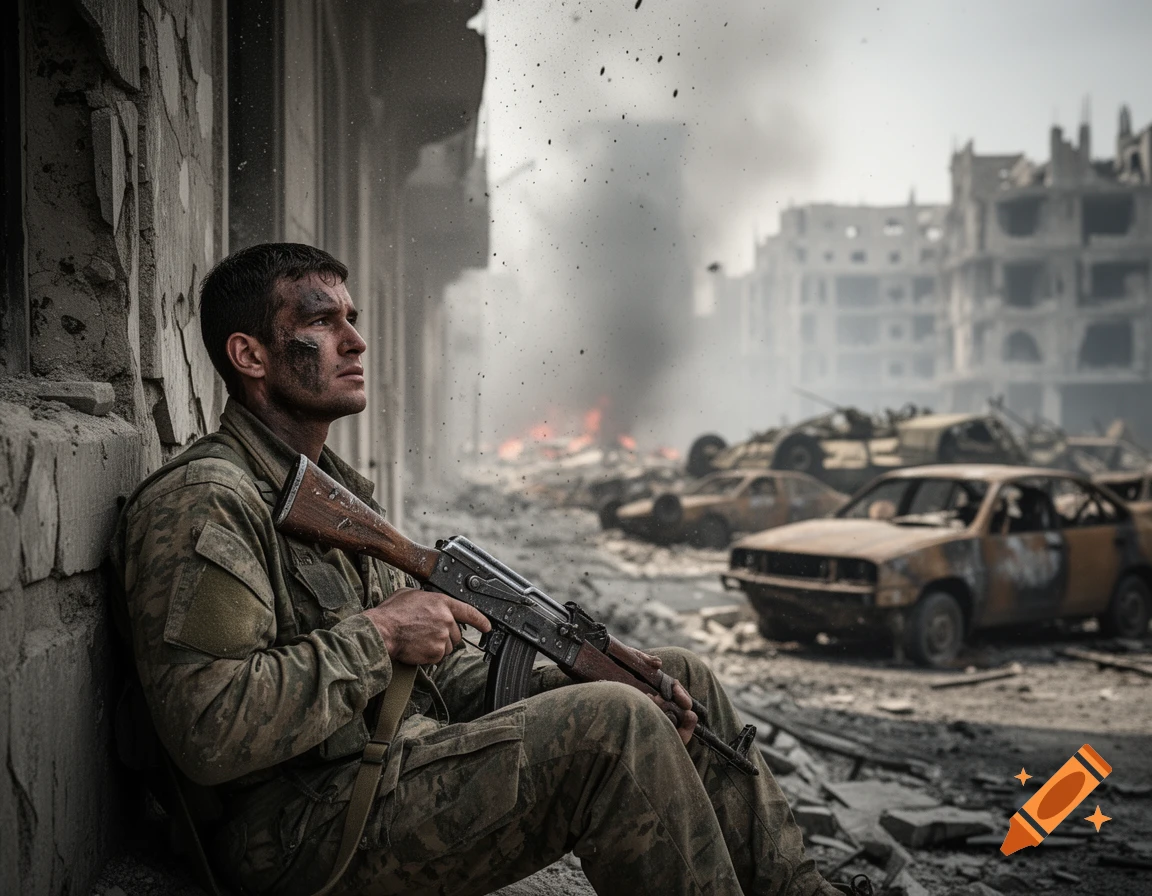 A soldier with a rifle sits in a war-torn city, covered in dirt, looking into the distance amidst rubble, smoke, and destroyed cars.