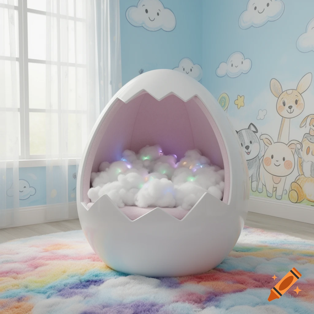 A white eggshell chair bed filled with fluffy clouds and colorful lights sits on a rainbow rug in a whimsical children's room.