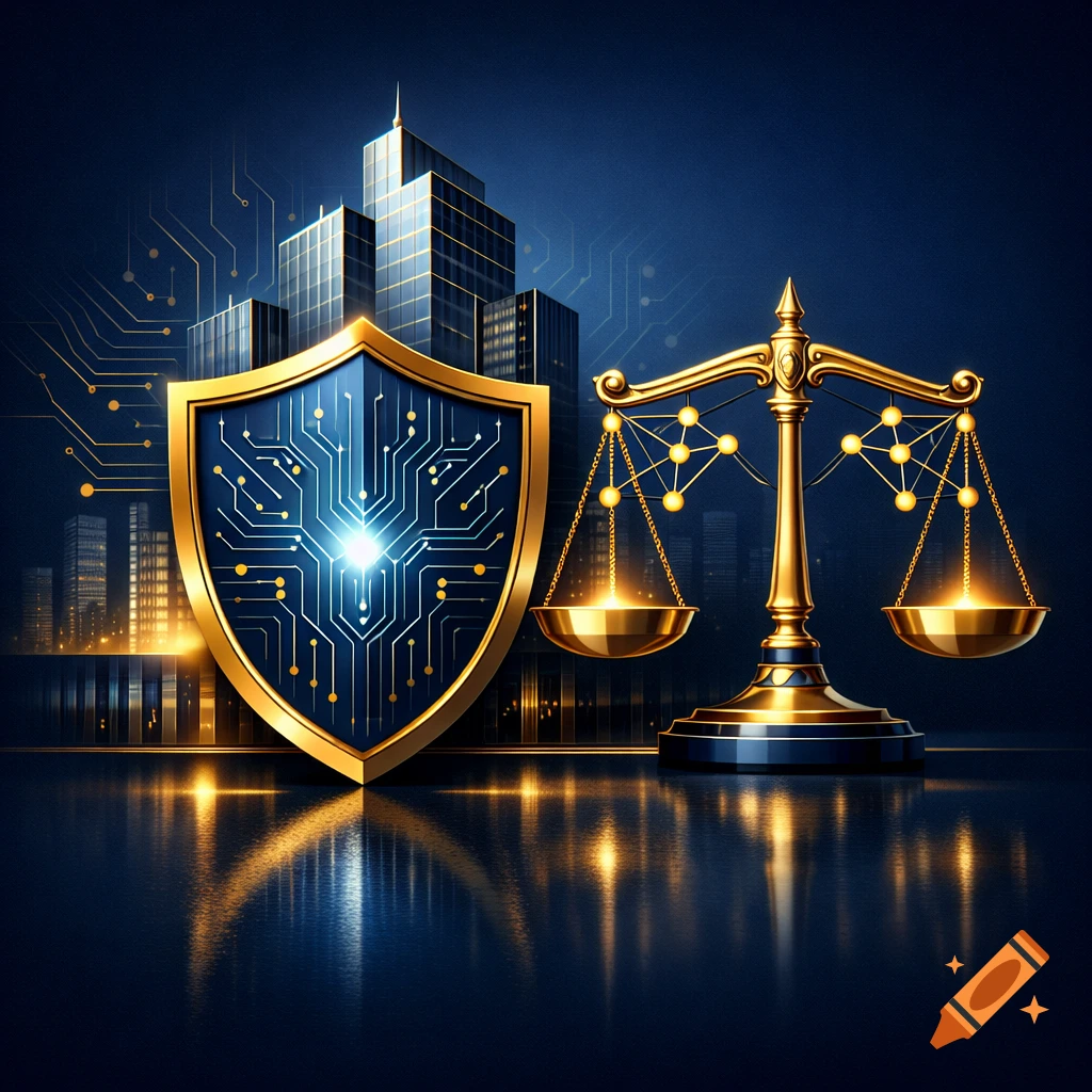 Digital shield with circuit patterns and golden scales of justice against a cityscape background, representing AI governance.