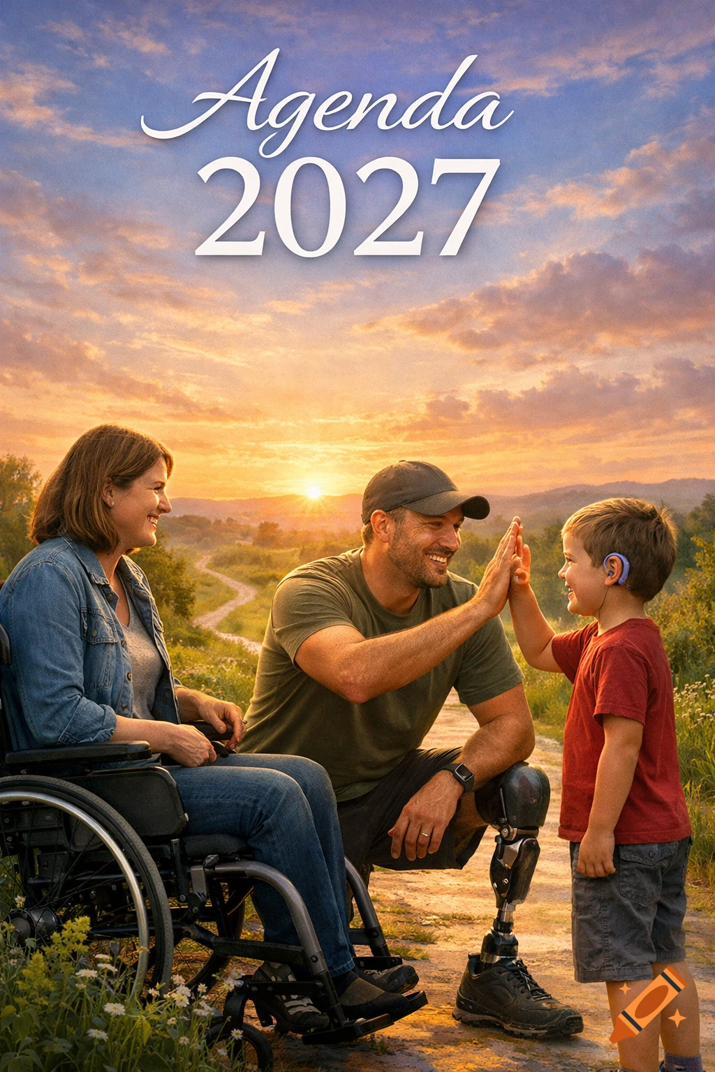 A family with disabilities (woman in wheelchair, man with prosthetic leg, boy with hearing aid) high-fives at sunset. Text: Agenda 2027.