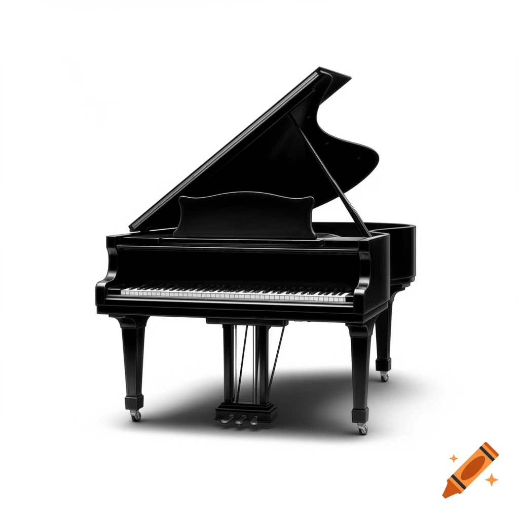 A sleek black grand piano with its lid open, set against a stark white background in an illustrative style.