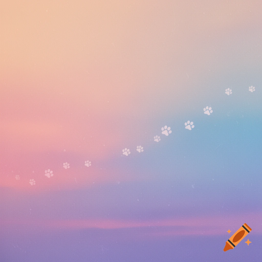 A soft gradient background transitioning from peach to pink, then blue to lavender, with a diagonal trail of small white paw prints and a subtle grain texture.