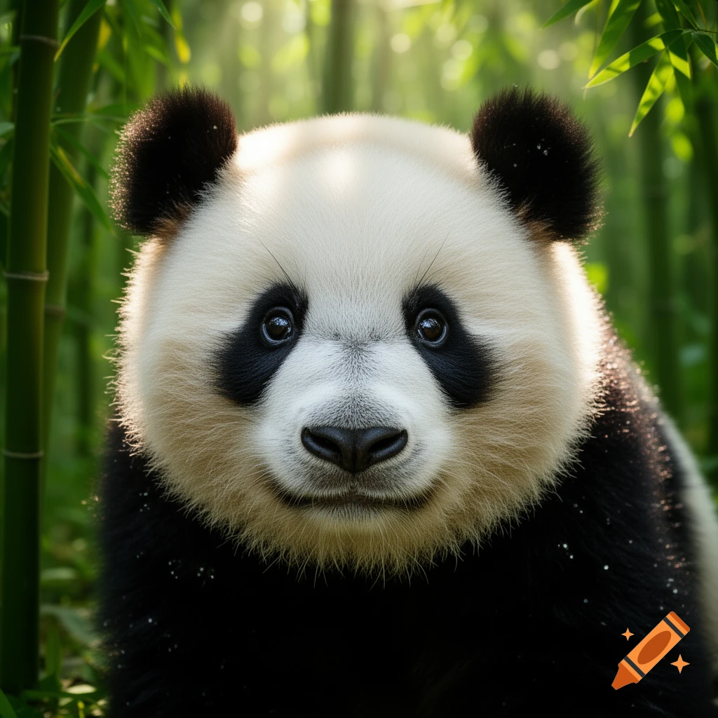 A photorealistic close-up of a panda's face with bright eyes, set against a blurred bamboo forest background.