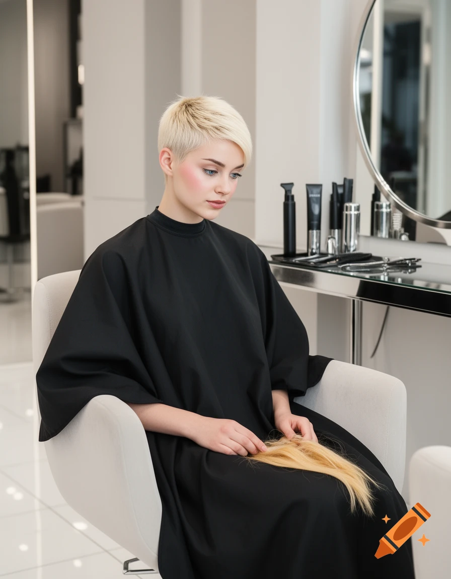 A young blonde woman with a short pixie cut sits in a salon chair, holding her recently cut long blonde hair in her lap.