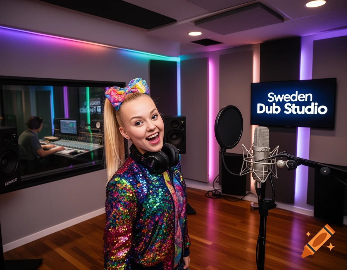 Jojo Siwa smiles in a vibrant recording studio, wearing a sequin jacket and headphones, with 'Sweden Dub Studio' on a screen.