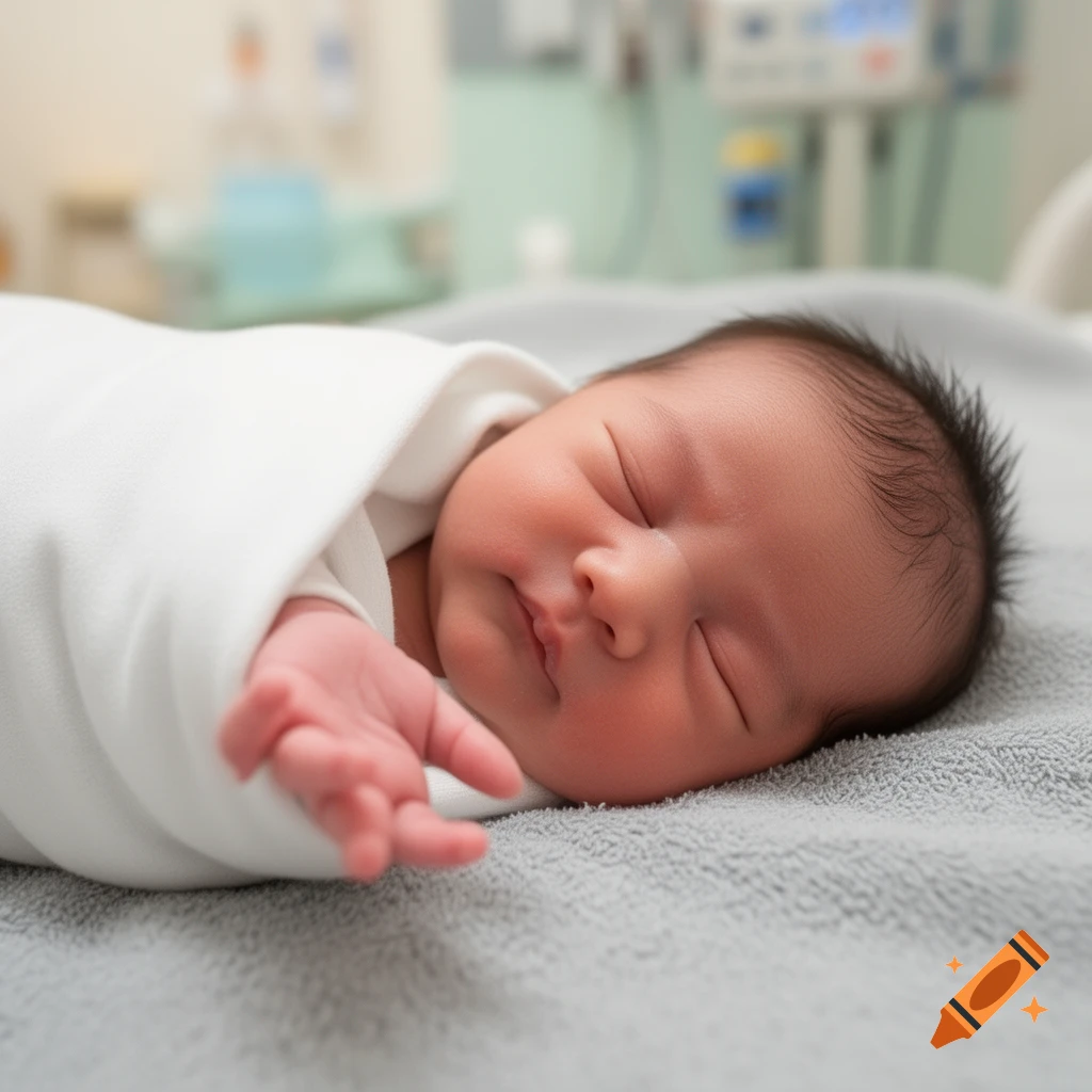 A sleeping newborn baby swaddled in white on a gray blanket in a hospital setting, photorealistic.
