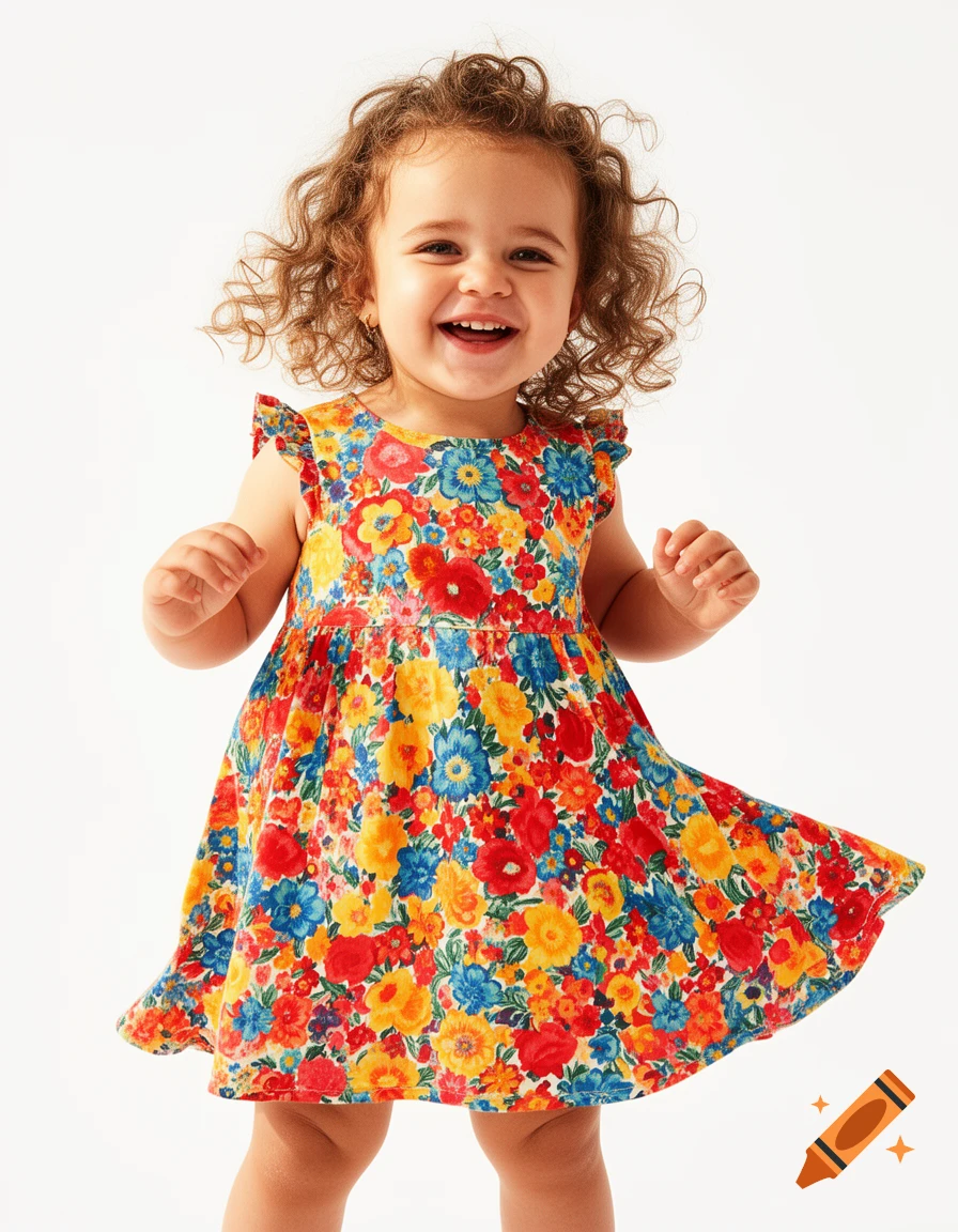 A happy, smiling toddler girl with curly hair in a vibrant floral summer dress, standing on a white background.