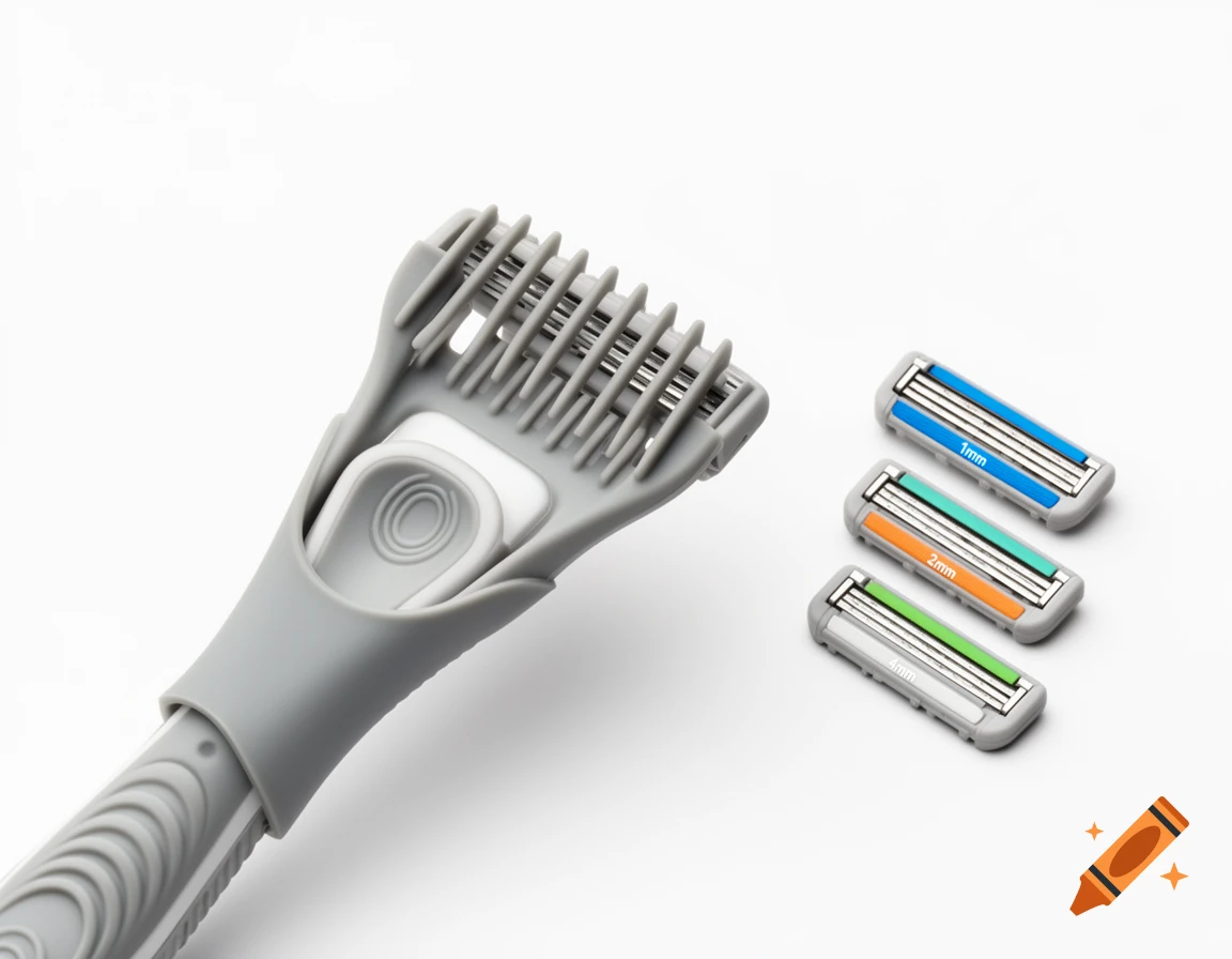 A gray disposable razor with a comb guard and three colorful replacement blades (1mm, 2mm, 4mm) on a white background.