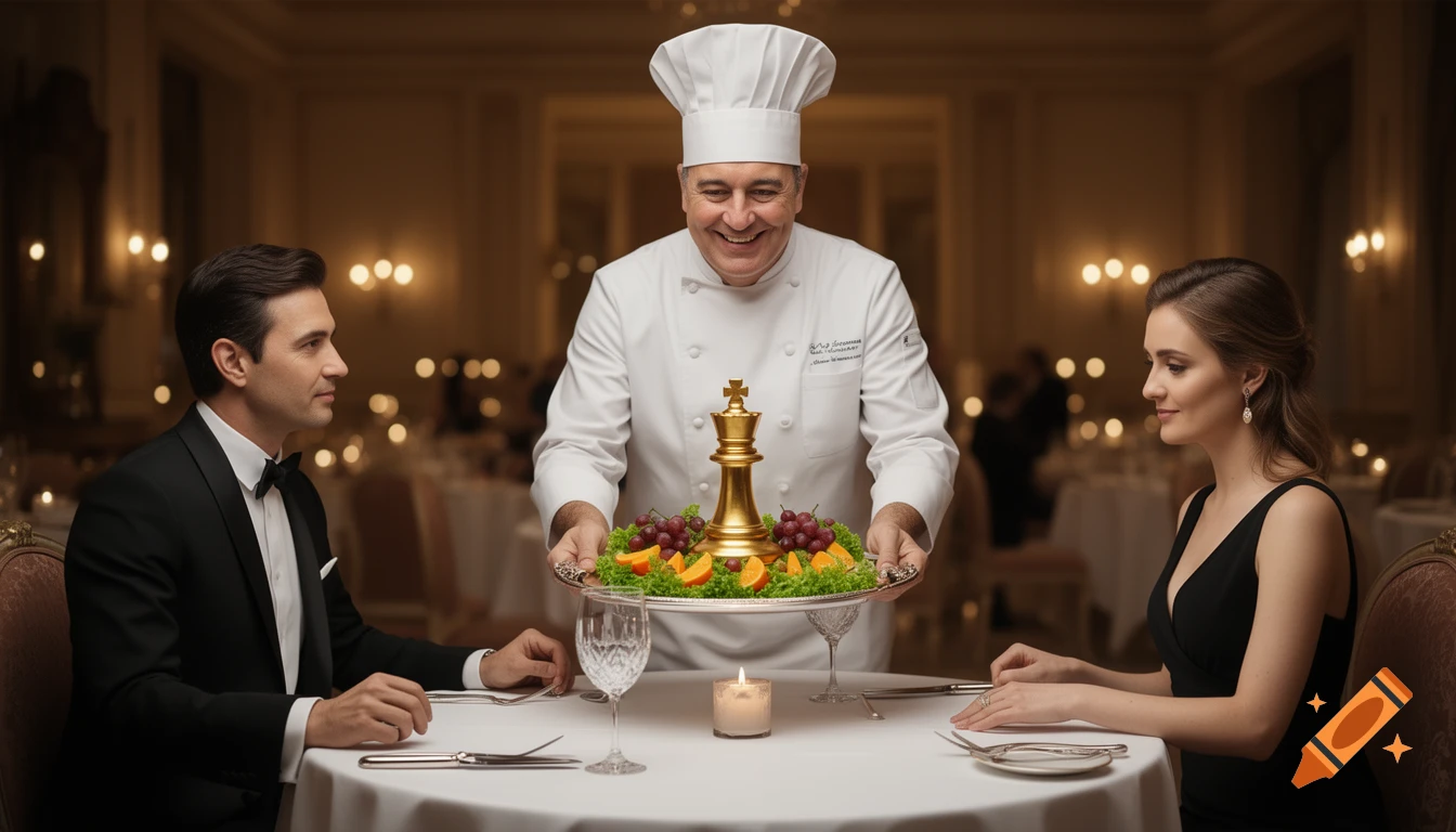 A chef serves a golden chess king on a fruit-garnished tray to a man and woman dining in a luxurious restaurant. Photorealistic.
