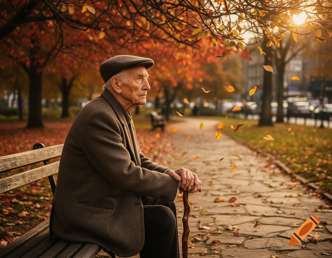 An old man in a flat cap sits on a park bench amid falling autumn leaves.