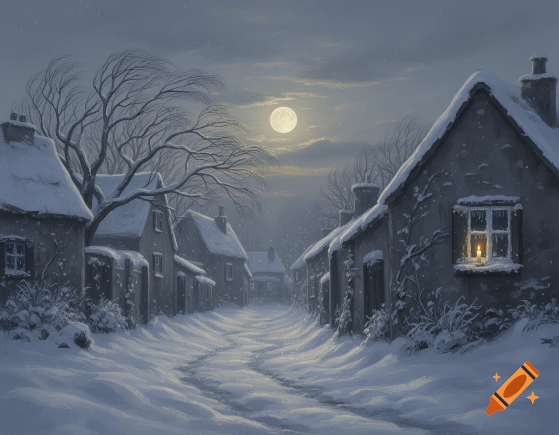 A snowy village street at night under a full moon, with lights glowing from cottage windows, in an illustrative style.