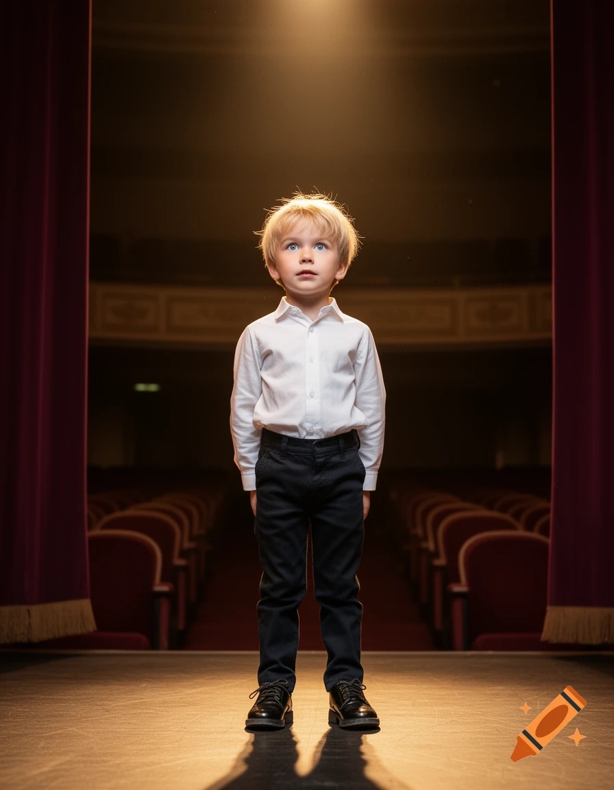 A blond, blue-eyed boy in a white shirt and dark pants stands under a spotlight on an empty stage in an auditorium.