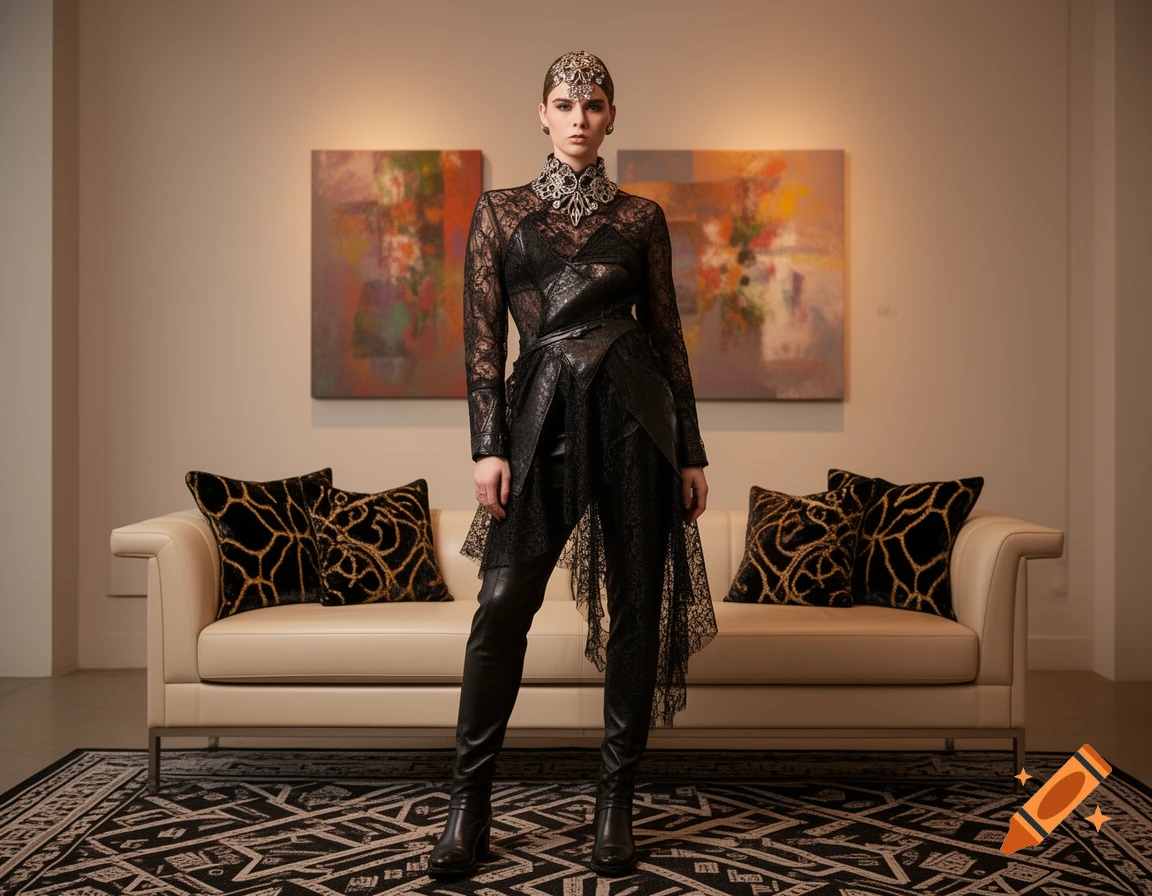 A woman in a dramatic black lace and leather outfit with a jeweled headpiece stands in a modern room.