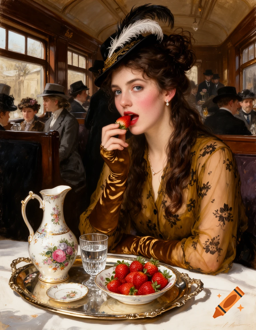 An oil painting of a young woman in a feathered hat, elegant period attire, eating a strawberry in a luxurious train dining car.