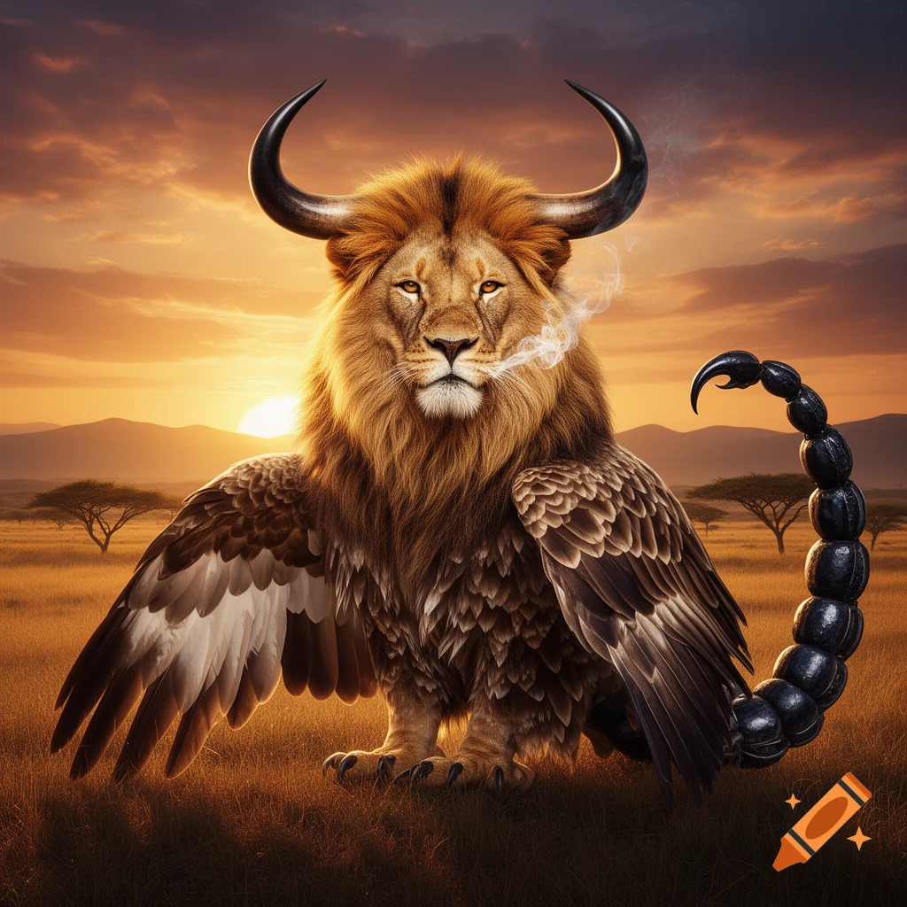 A majestic mythical creature with a lion's head, bull horns, eagle wings, and scorpion tail stands in a golden savanna at sunset, exhaling smoke.