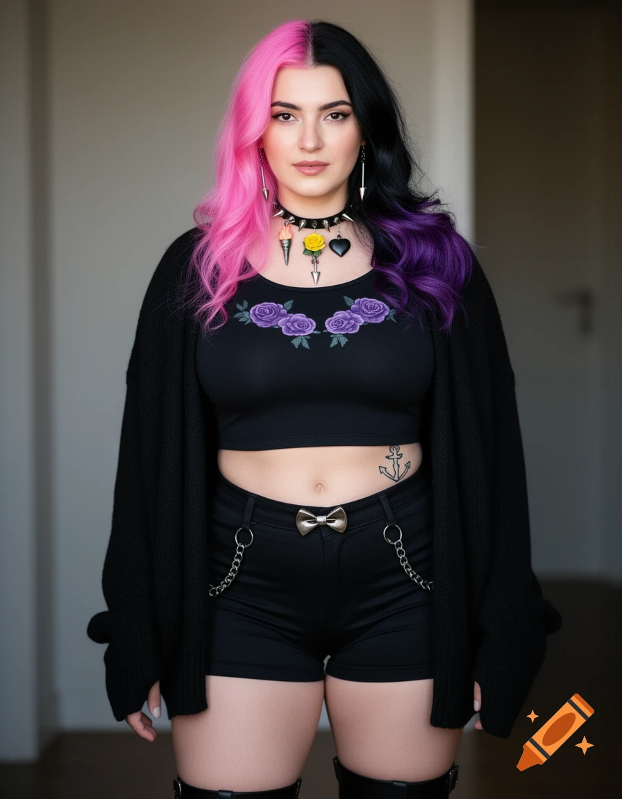 Photorealistic portrait of a woman with pink and black/purple hair, wearing a black crop top, shorts with chains, and a spiked choker.