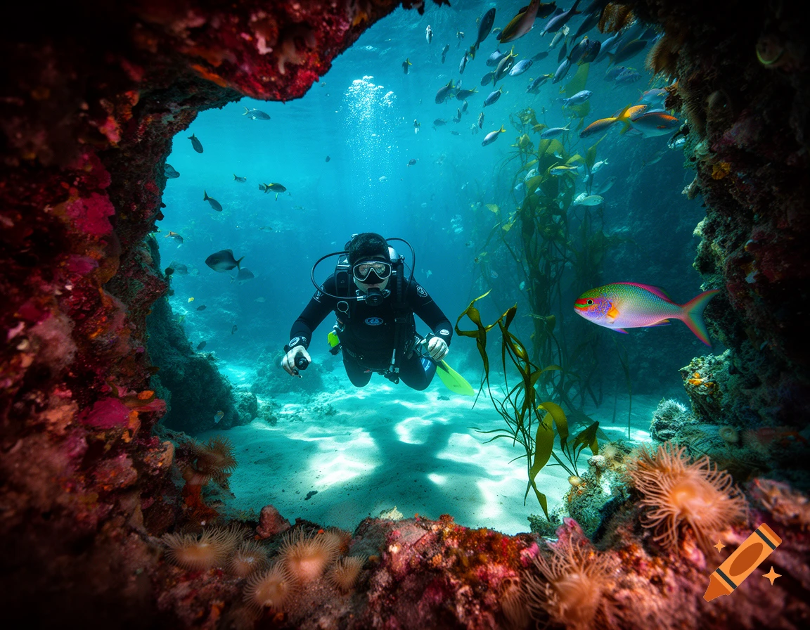 A photorealistic scuba diver explores a vibrant coral reef filled with fish and kelp, with sunlight filtering into the clear blue water.