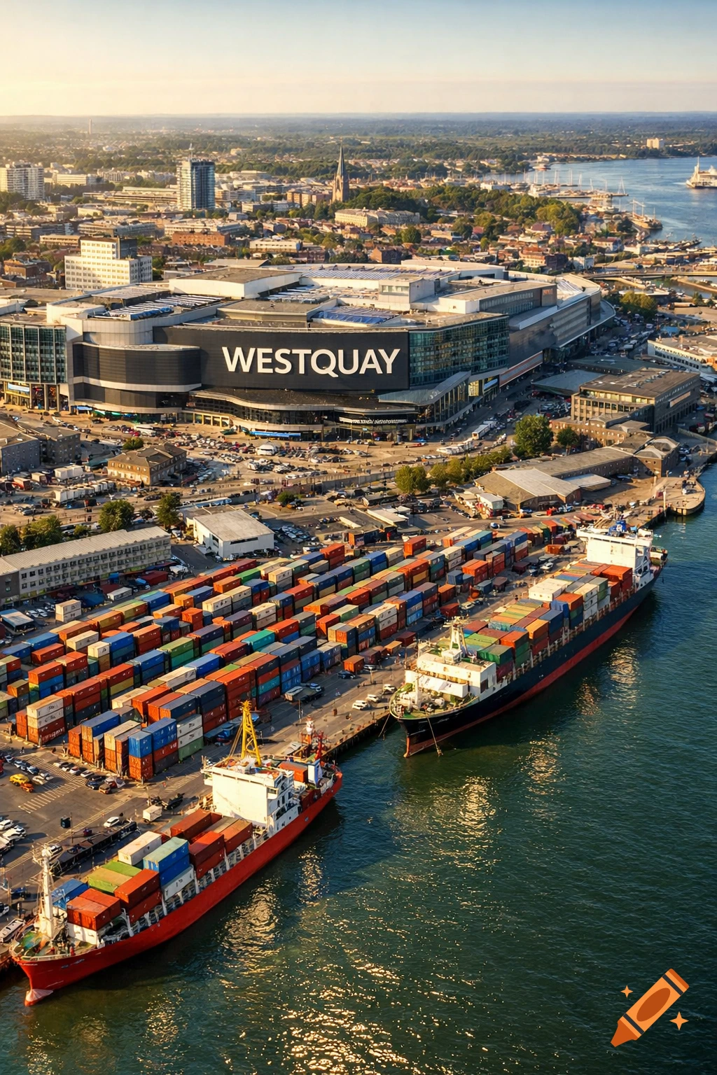An aerial view of a bustling city harbor with two cargo ships loaded with colorful shipping containers docked beside a large shopping center labeled 'WESTQUAY'.