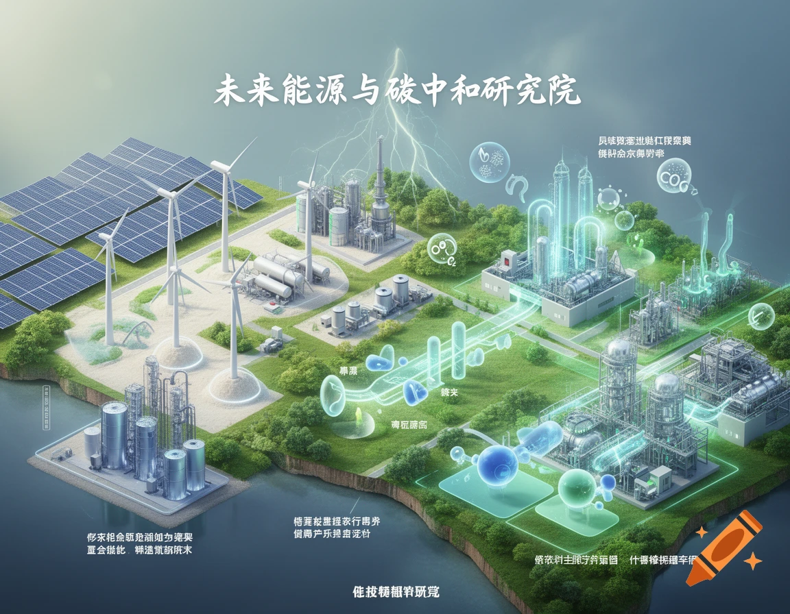An isometric diagram of a future energy and carbon neutrality research institute, featuring solar panels, wind turbines, industrial plants, and glowing energy flow paths on green land by water.