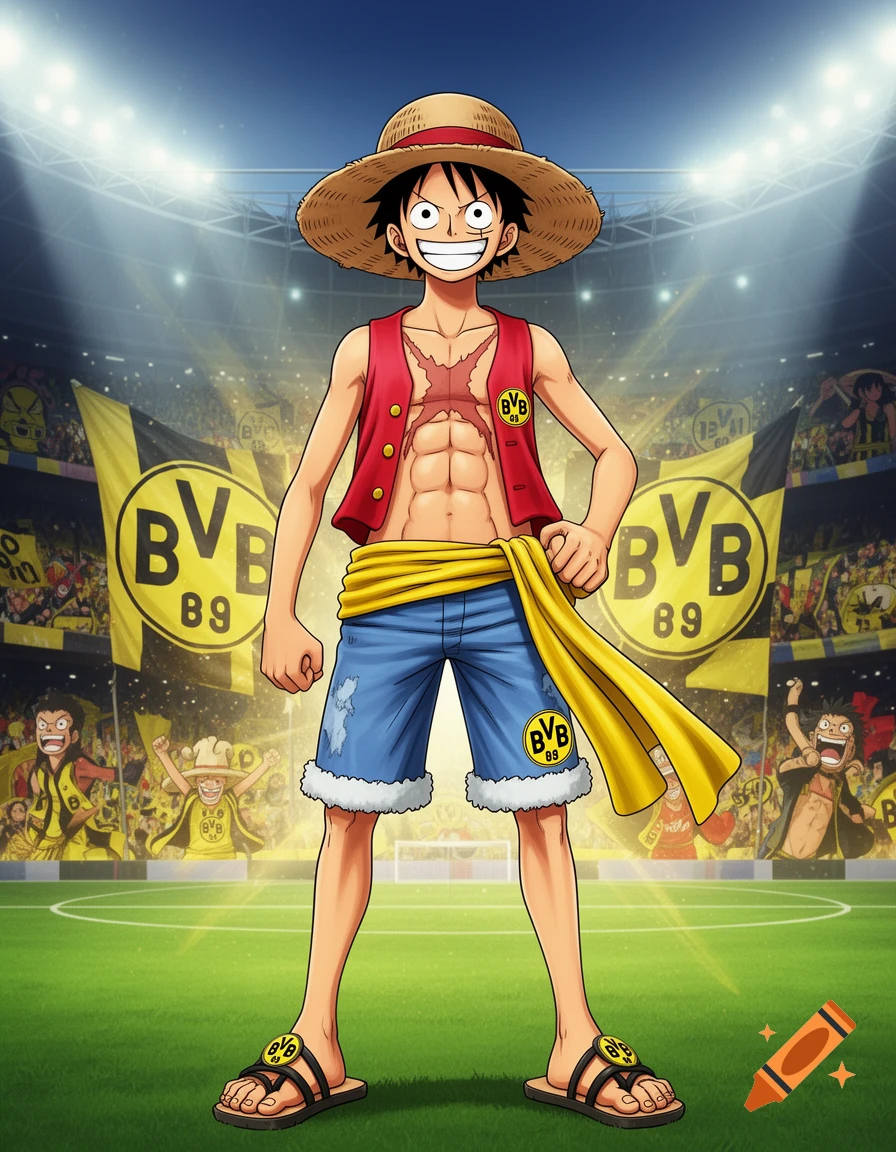 A cartoon of Monkey D. Luffy from One Piece in a soccer stadium, wearing a red vest, blue shorts, straw hat, and sandals, with BVB logos.