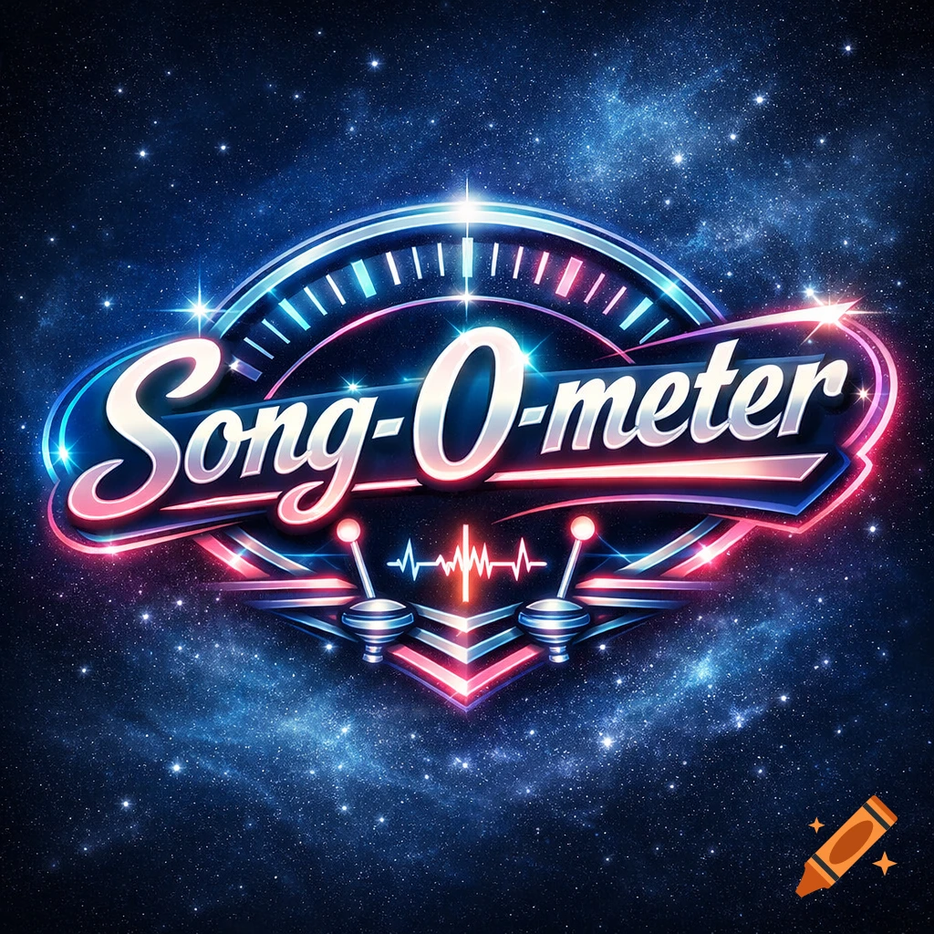 A retro-futuristic neon sign logo for "Song-O-meter" in pink and blue, set against a dark, starry galaxy background.