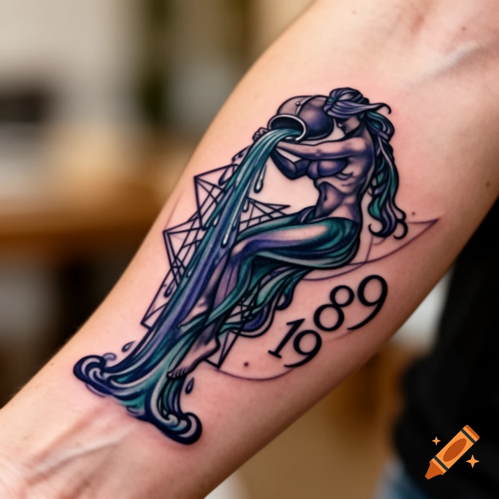 A colorful Aquarius zodiac tattoo with a woman pouring water and the year 1989 on a forearm.