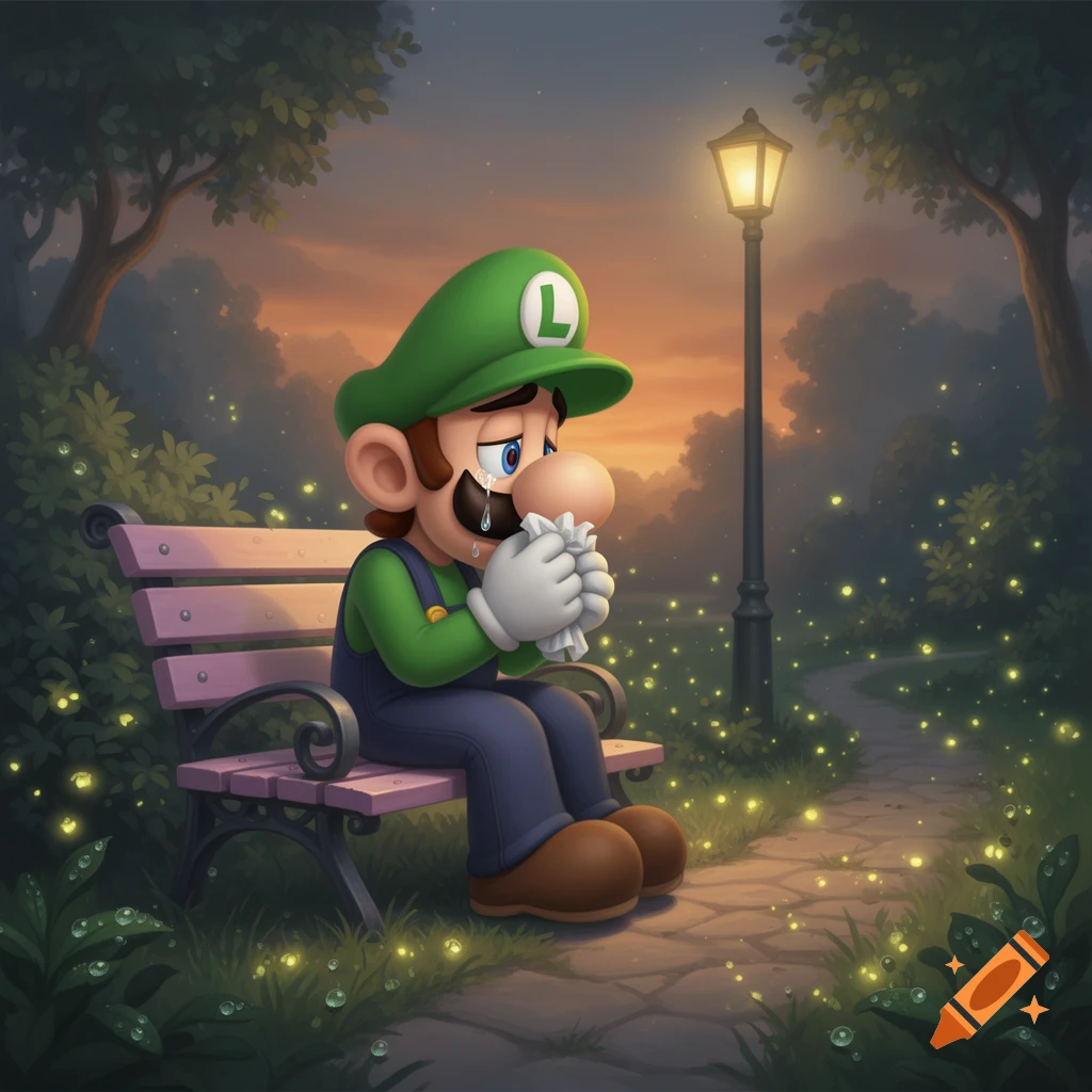 Luigi sits on a park bench at dusk, crying and wiping his eyes with a tissue, surrounded by glowing fireflies.