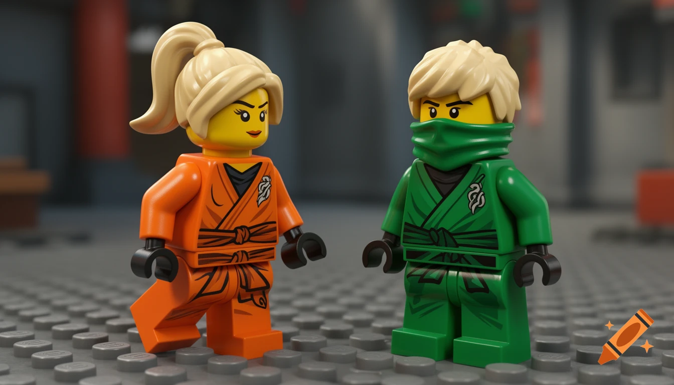 Two LEGO Ninjago minifigures, a blonde female in orange and a blonde male in green with a mask, stand on a grey LEGO baseplate.