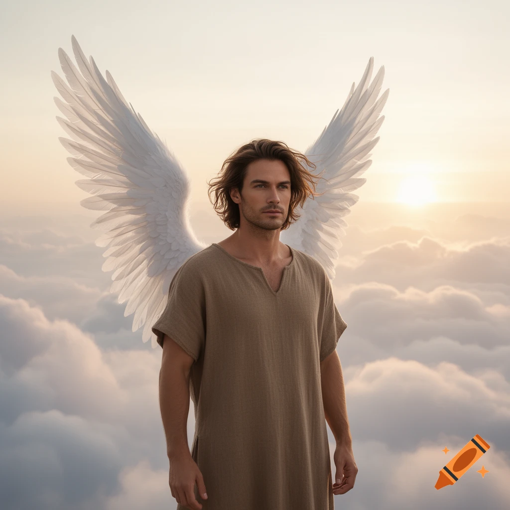 A photorealistic image of a man with brown hair and angel wings, wearing a tunic, standing in sunlit clouds.